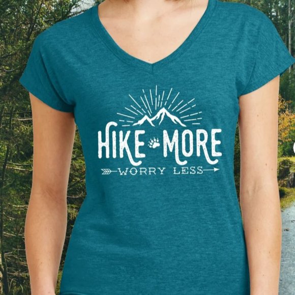 Hiking Shirt ~ Hike More Worry Less Ladies' V-Neck T-Shirt- adventure camping